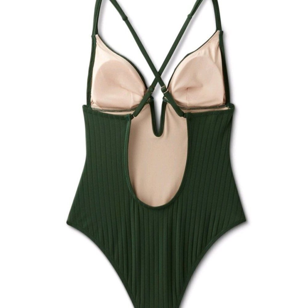 Women's Ribbed Plunge Front V-Wire One Piece Swimsuit - Shade & Shore Dark Green - Picture 6 of 8